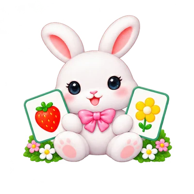 딸기와 꽃 그림 카드를 들고 있는 토끼